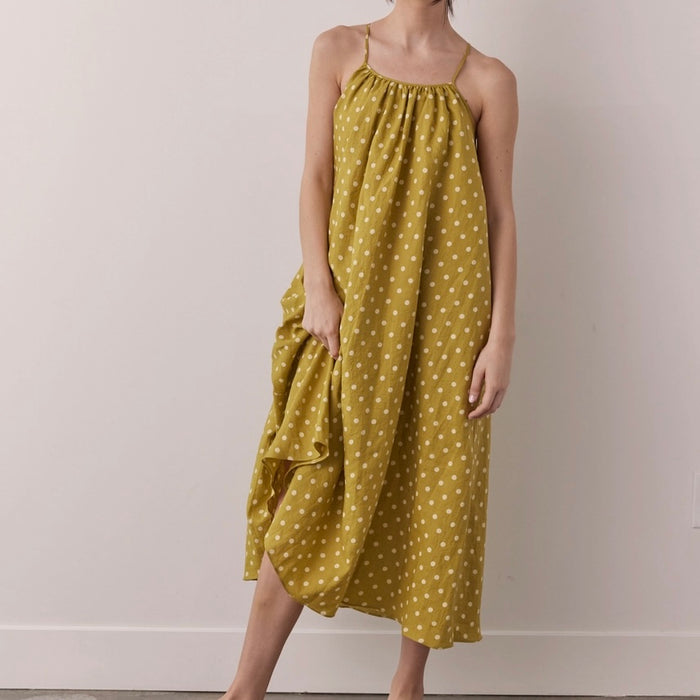 Amente- Linen Polka Dot Back Tie Ankle Dress