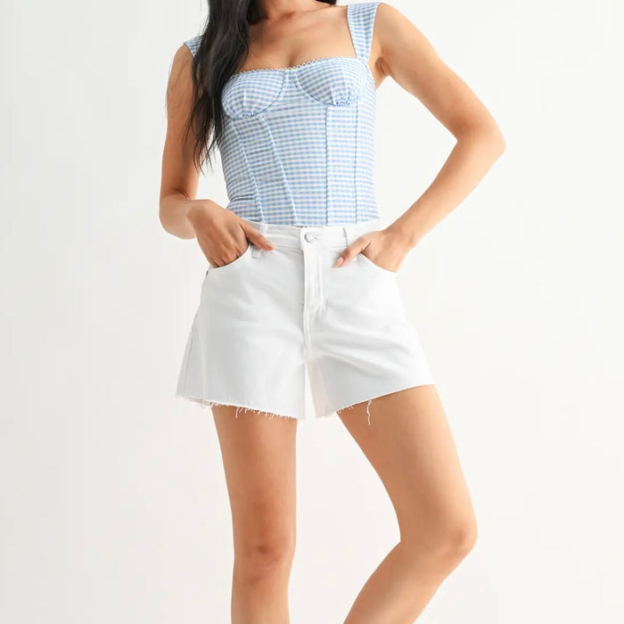 Just Black Denim- Mid Rise Stretch Short Optic White