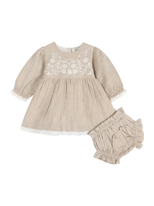Viverano Organics- Lydia Linen Embroidered Baby Dress & Bloomer Set (Organic)
