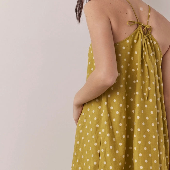 Amente- Linen Polka Dot Back Tie Ankle Dress