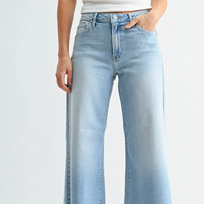 Just Black Denim-Scissor Cut Cropped Wide Leg Flare - Light Wash