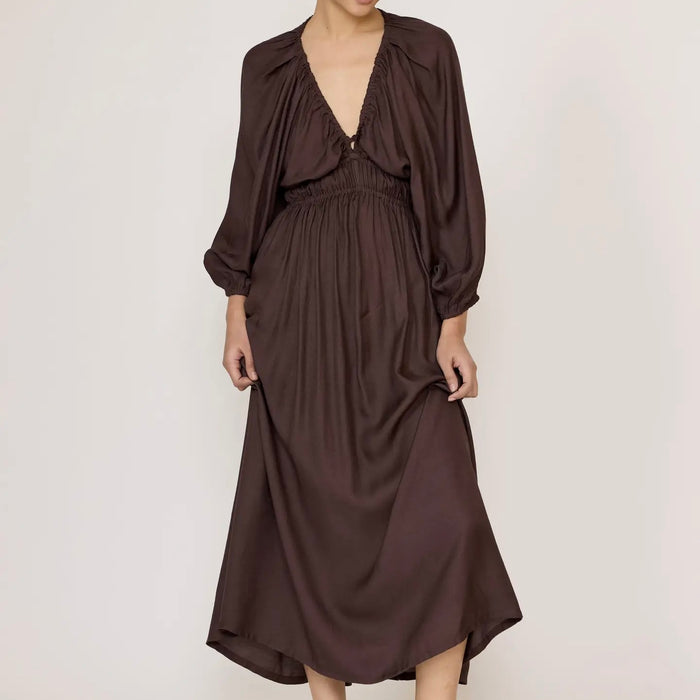 Laude The Label-Gathered Plunge Dress - Chocolate Brown