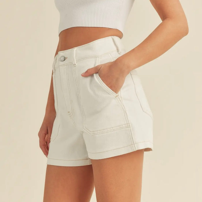 Just Black Denim- High Rise Utility Cargo Short - Off White
