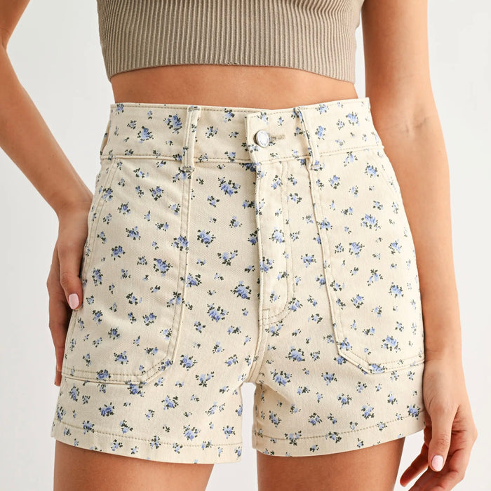 Just Black Denim- High Rise Utility Cargo Short Flower Print