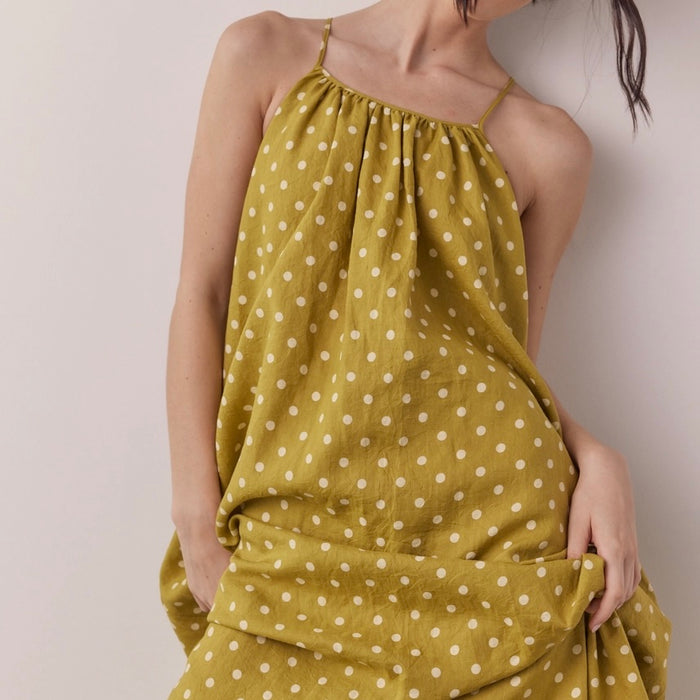 Amente- Linen Polka Dot Back Tie Ankle Dress