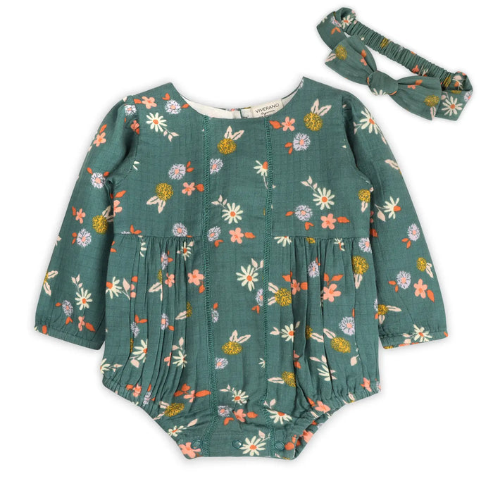 Viverano Organics-Bora Floral Baby Romper & Headband Set (Organic Muslin)