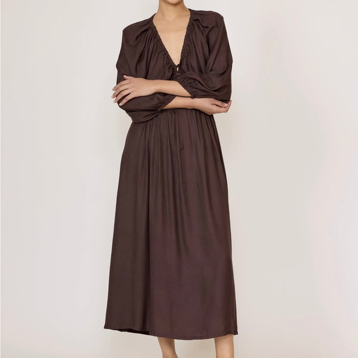 Laude The Label-Gathered Plunge Dress - Chocolate Brown