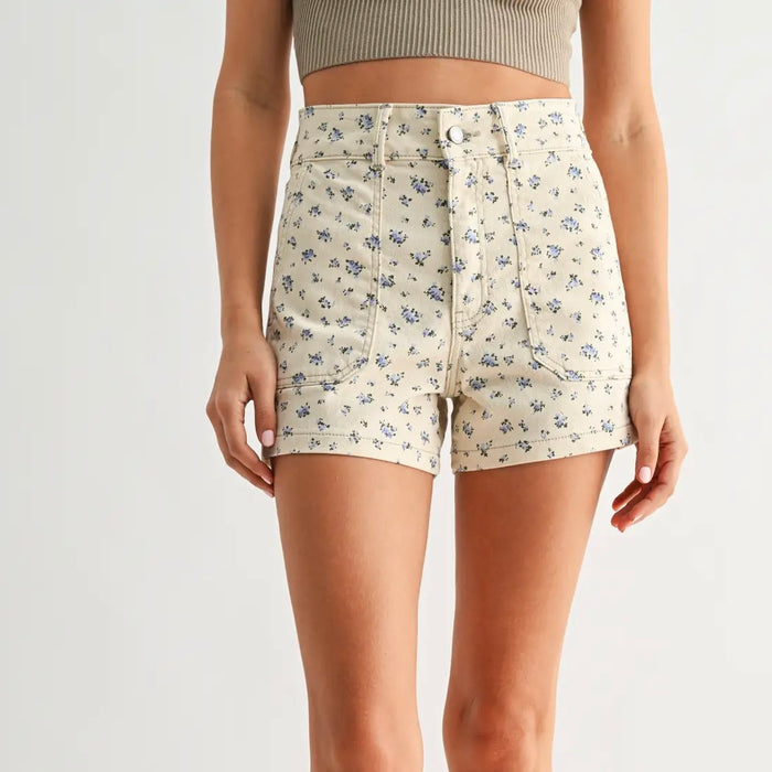 Just Black Denim- High Rise Utility Cargo Short Flower Print