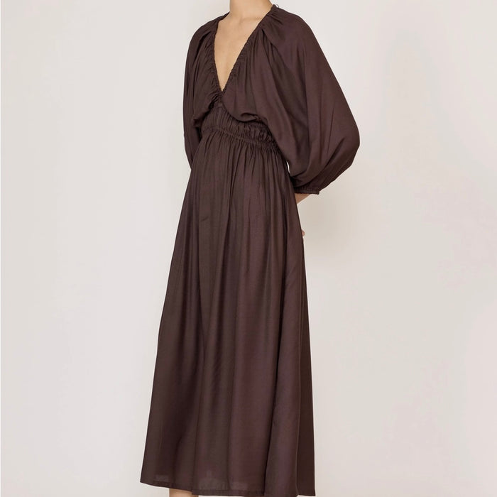Laude The Label-Gathered Plunge Dress - Chocolate Brown
