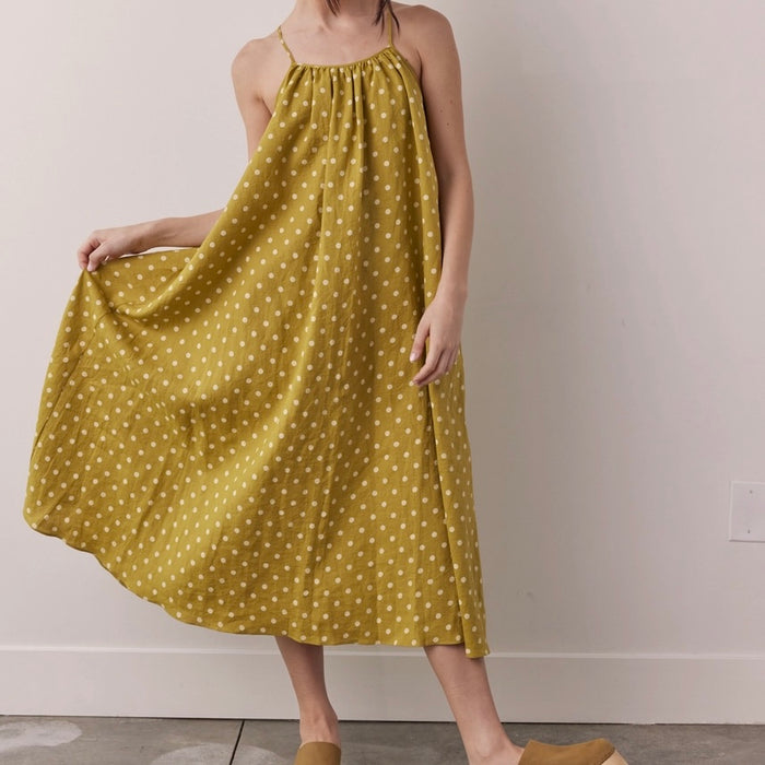 Amente- Linen Polka Dot Back Tie Ankle Dress