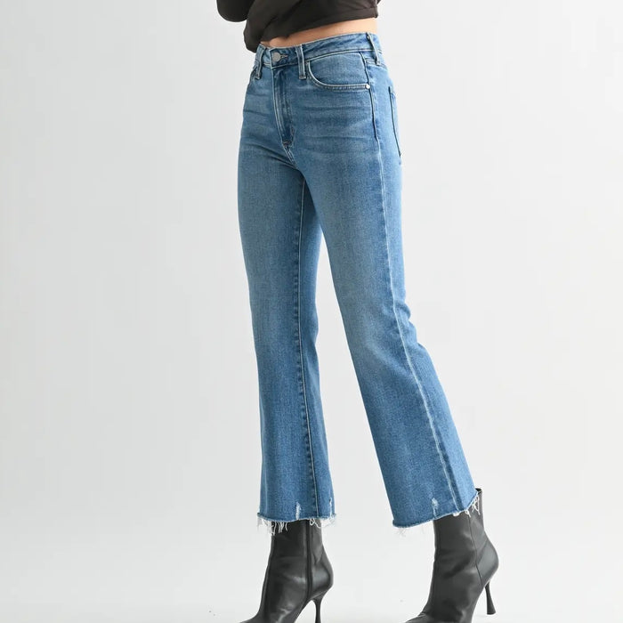 Just Black Denim- High Rise Crop Flare w/ Distressed Hem/Medium Wash