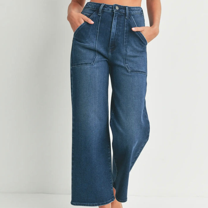 Just Black Denim- Hr Cargo Pocket Wide Leg Dark
