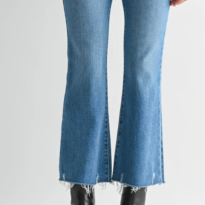 Just Black Denim- High Rise Crop Flare w/ Distressed Hem/Medium Wash