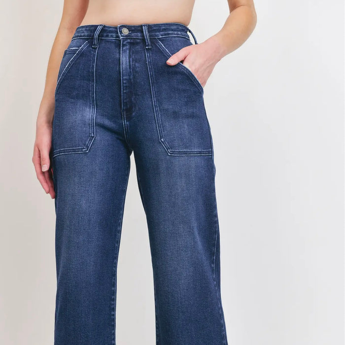 Just Black Denim- Hr Cargo Pocket Wide Leg Dark