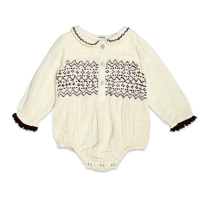 Viverano Organics- Hand Smocked Crinkle Muslin Baby Girl Romper (Organic)